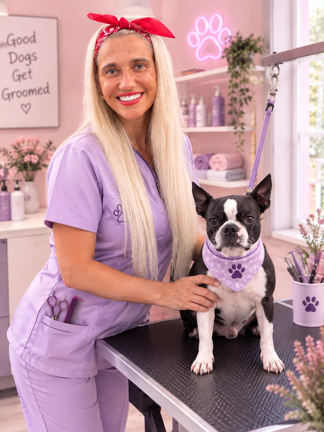 El Cactus Pet Grooming - groomer con Boston Terrier